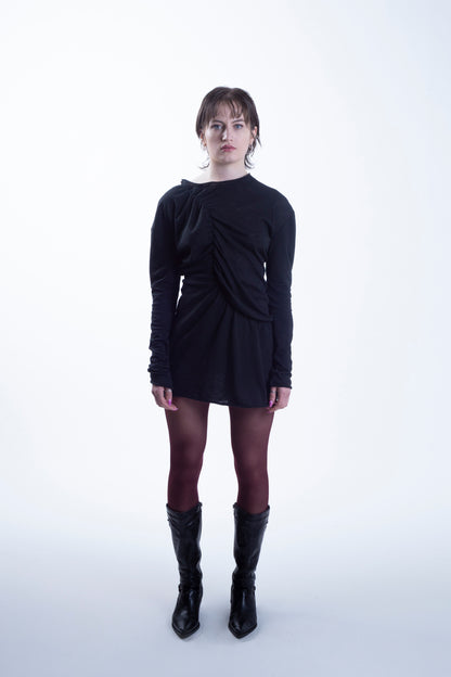 Asymmetrical Draped chiffon Dress in Black