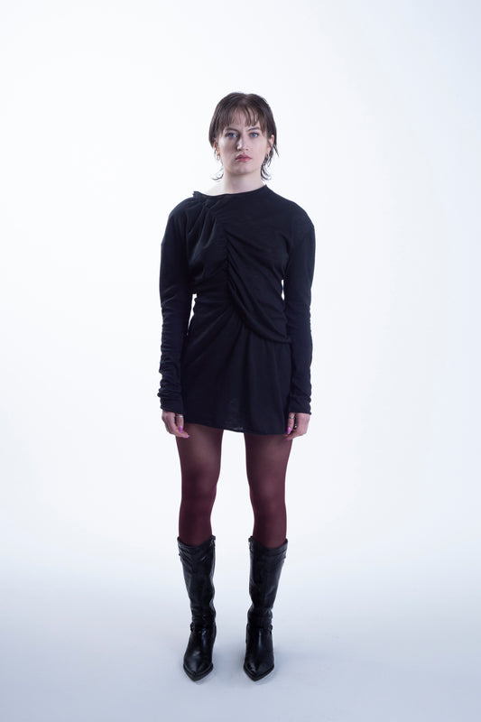 Asymmetrical Draped chiffon Dress in Black