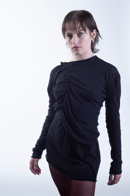 Asymmetrical Draped chiffon Dress in Black