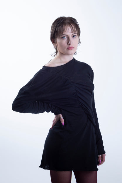 Asymmetrical Draped chiffon Dress in Black